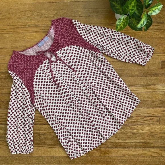 Laura Scott Boho Print 3/4 Sleeve Peasant Blouse Burgundy Ivory Size MP - Picture 1 of 8